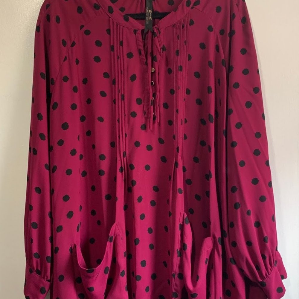 Pink Polka Dot Button Up Blouse with Pockets